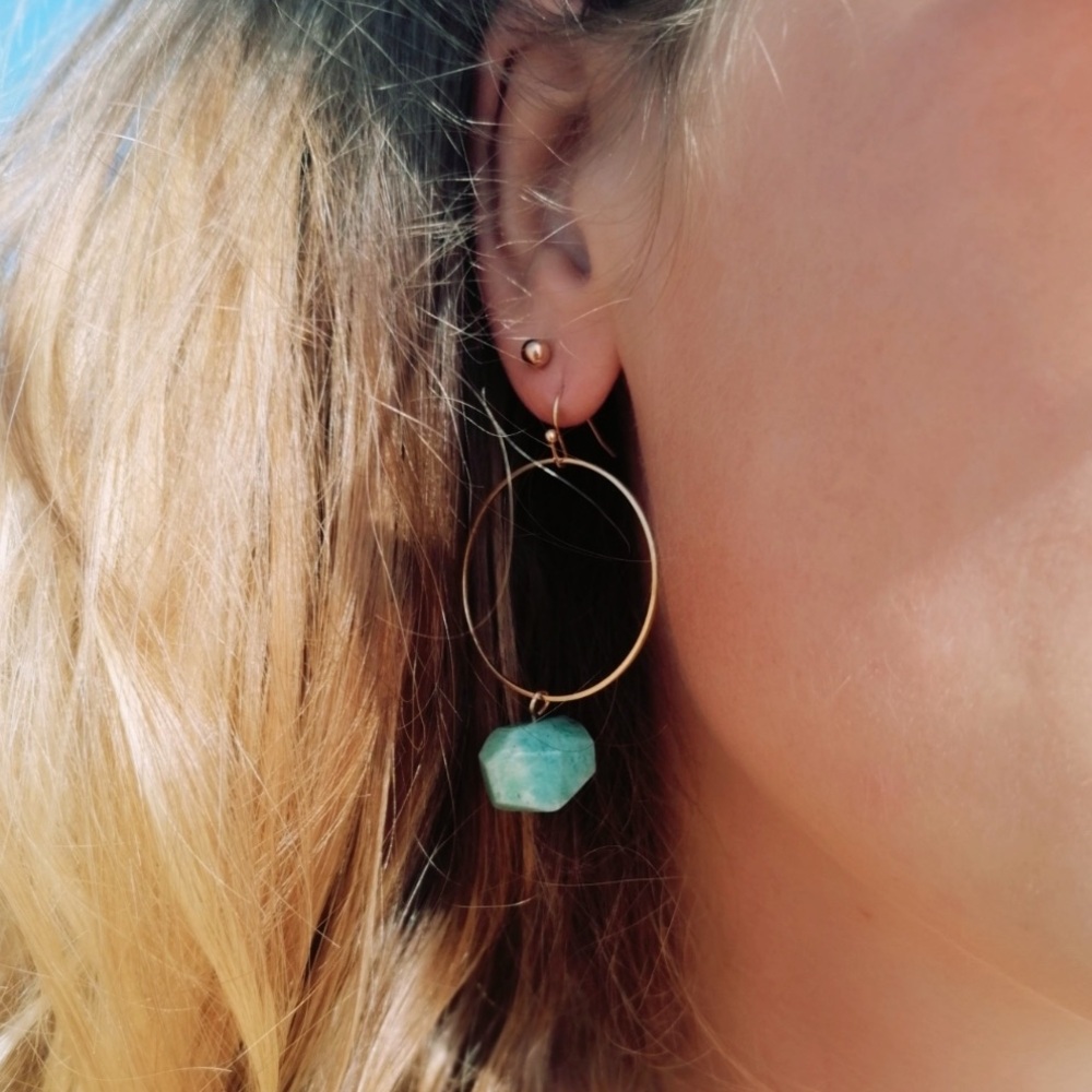 Gold Hoop Earrings w/ Amazonite Stone